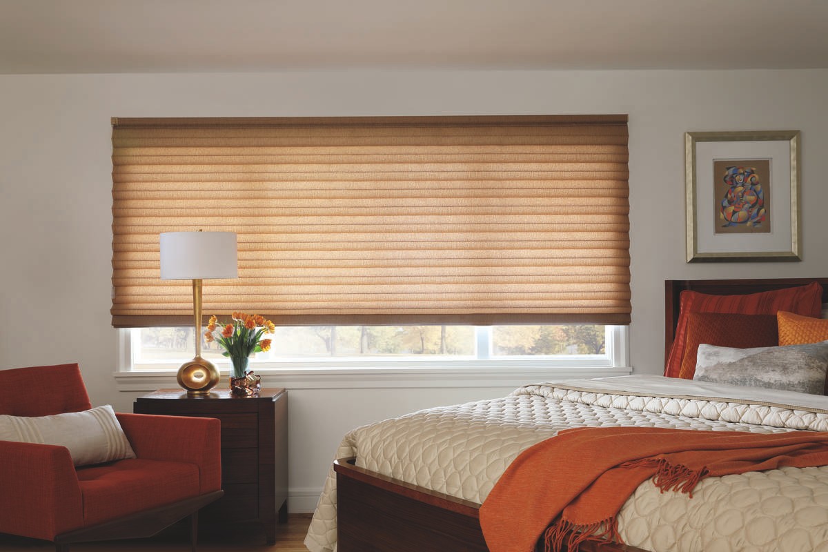 Custom Bedroom Window Treatments for Homes near Tulsa, Oklahoma (OK) including Motorized Roman Shades