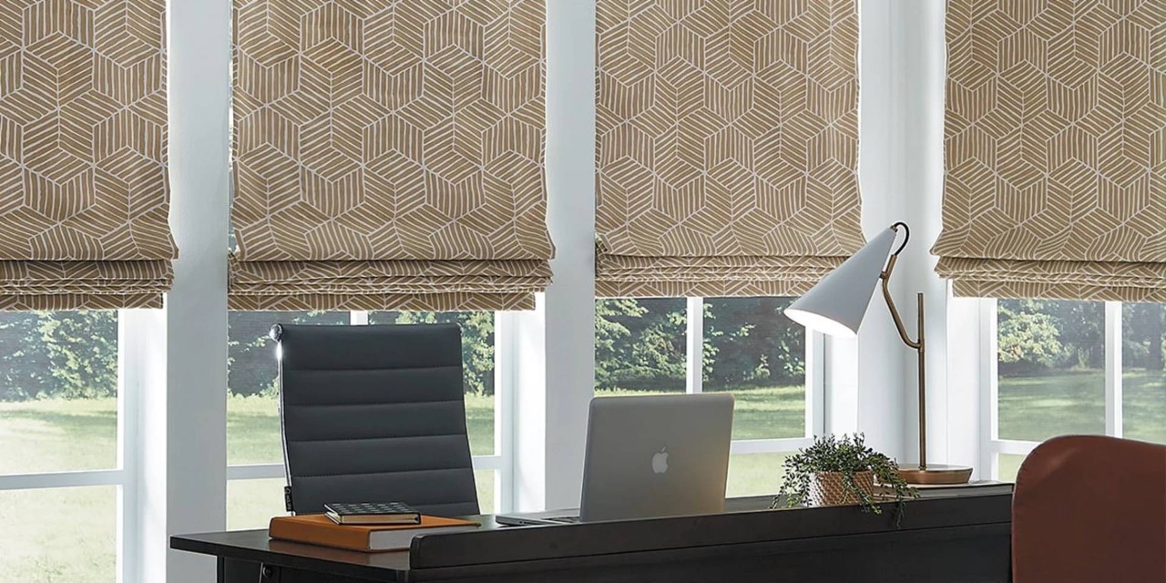 Carole™ Fabrics Roman Shades in a Home Office near Tulsa, OK