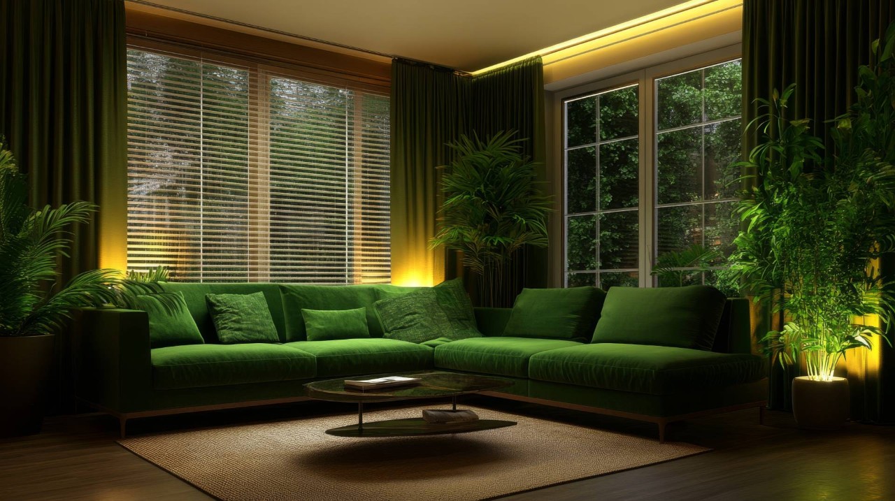 A contemporary living room with drapery and blinds at Blind Ambitions near Tulsa, Oklahoma (OK)