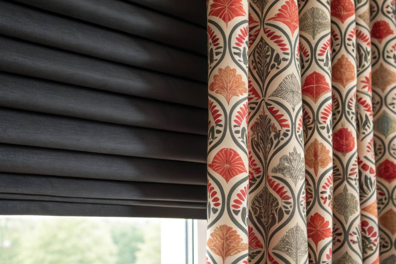 Layered window treatments featuring a blackout shade and a patterned curtain near Tulsa, OK