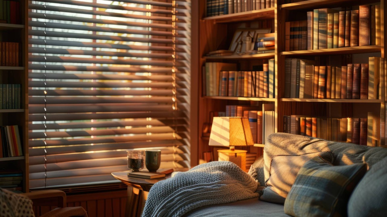 Faux wood blinds with sunlight streaming through into a study at Blind Ambitions near Tulsa, OK